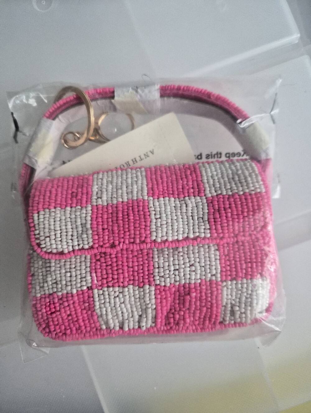 *NWT* [Anthropologie] Fiona Beaded Bag Charm, Keychain, Pink White, Checkered